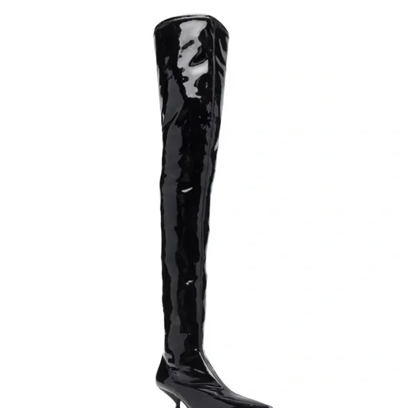 Sergio Rossi Halima pointed boots Over The Knee Black Paten Leather 37.5 NWB